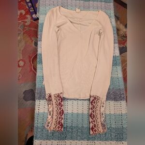 Free People Cream Long Sleeve Top with Red Patterned Cuffs Size Small